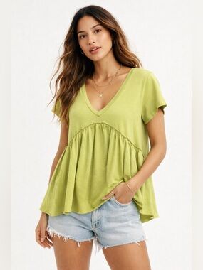 Anthropologie t.la Babydoll Peplum Top | Chartreuse Green | Size Small | Cotton